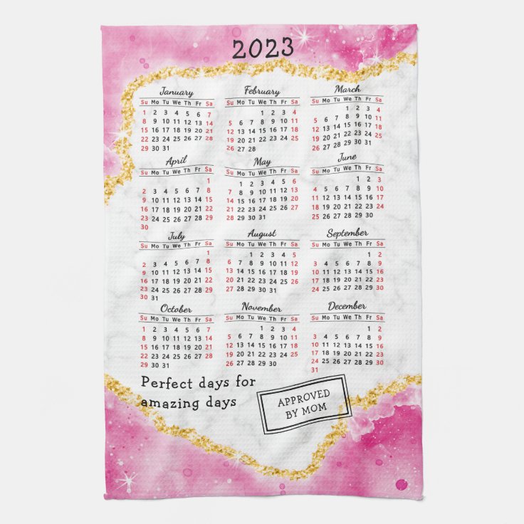 Elegant Pink White Marble Girly 2023 Calendar Kitchen Towel | Zazzle