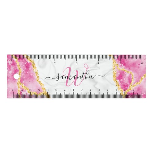 Elegant Pink White Marble Girly Glam Monogrammed Ruler