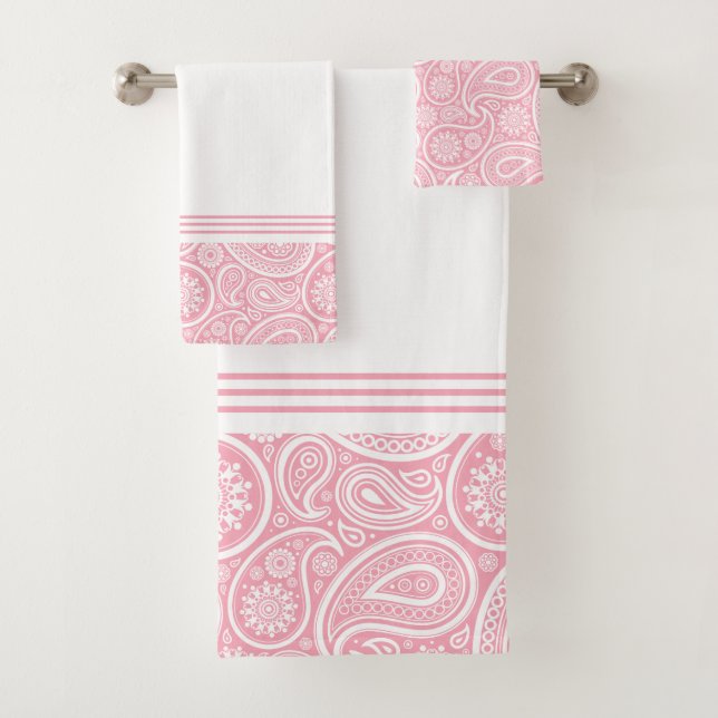 Elegant Pink White Paisley Pattern Bath Towel Set (Insitu)