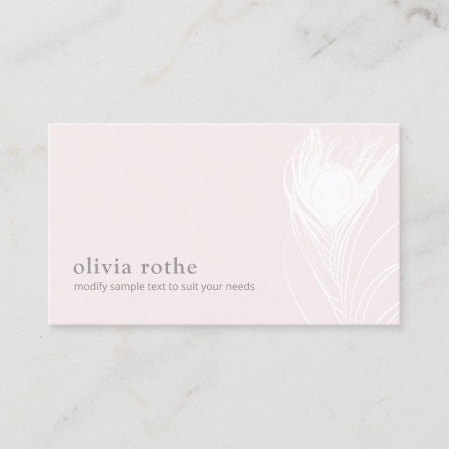Elegant Pink White Peacock Feather Business Card (Front)