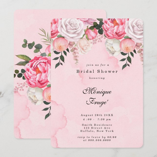 Elegant Pink White Peonies Bridal Shower Invitation (Front/Back)
