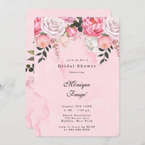 Elegant Pink White Peonies Bridal Shower Invitation
