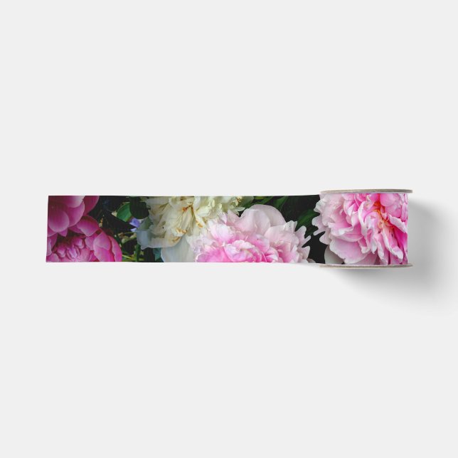 Elegant pink white peony floral garden photo grosgrain ribbon (Front)