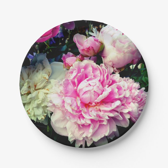 Elegant pink white peony floral garden photo paper plates (Front)