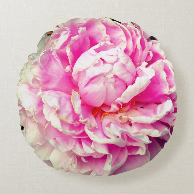 Elegant pink white peony floral garden photo round pillow (Front)