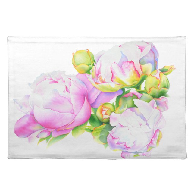 Elegant pink white peony floral watercolor cloth placemat (Front)