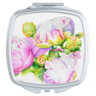 Elegant pink white peony floral watercolor makeup mirror