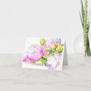 Elegant pink white peony floral watercolor thank you card