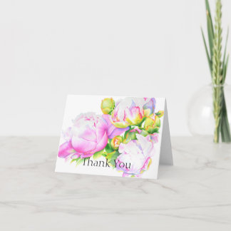 Elegant pink white peony floral watercolor thank you card