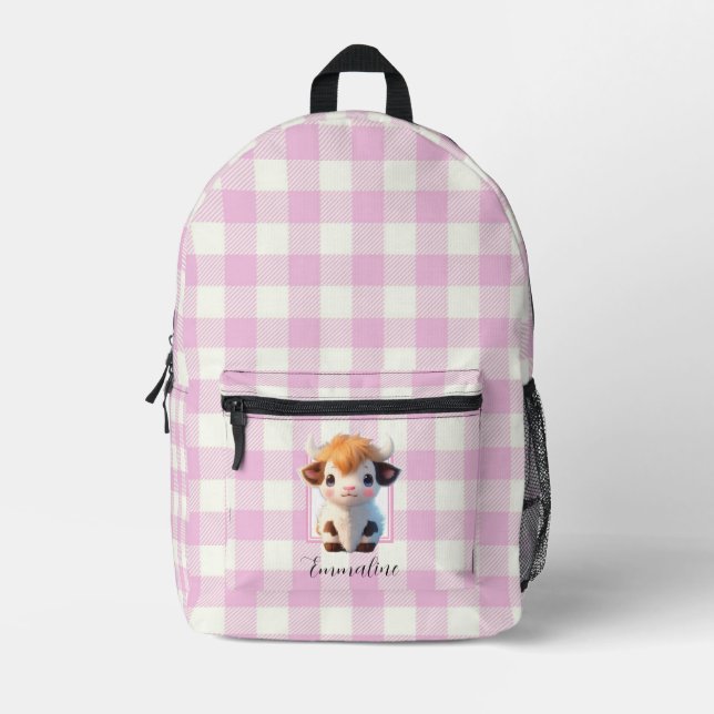 Elegant pink white plaid cute cow personalize  printed backpack (Front)