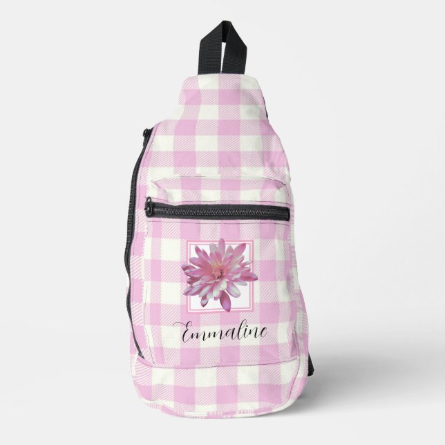 Elegant pink white plaid floral daisy personalize  sling bag (Front)