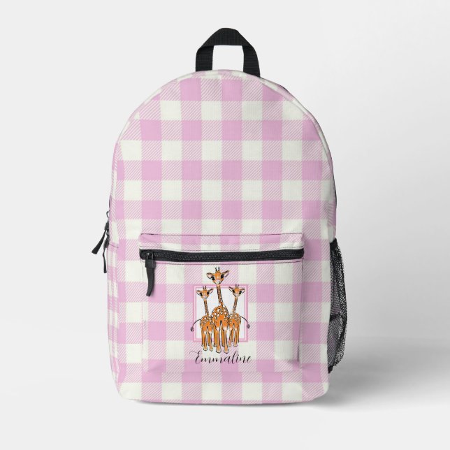 Elegant pink white plaid giraffes personalize  printed backpack (Front)