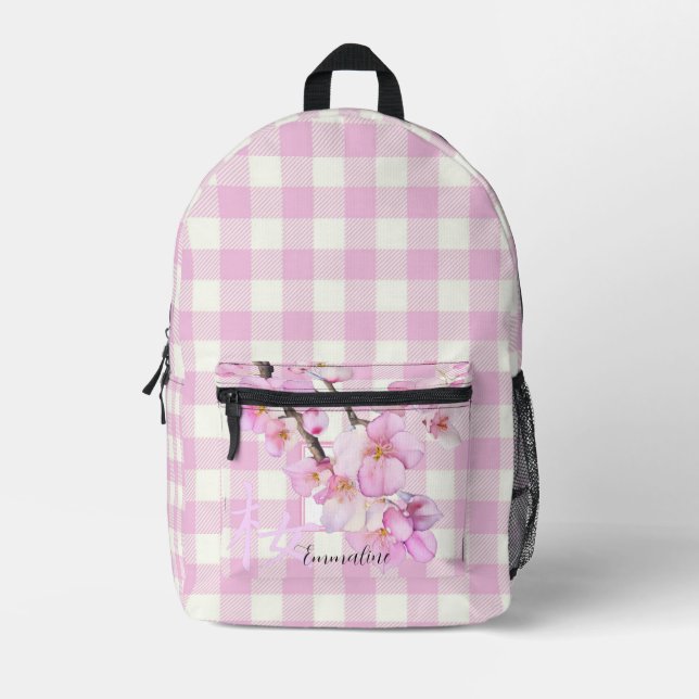 Elegant pink white plaid pink blossom personalize  printed backpack (Front)