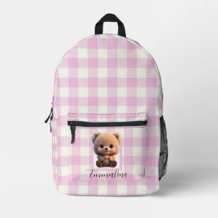 Elegant pink white plaid teddy bear personalize printed backpack