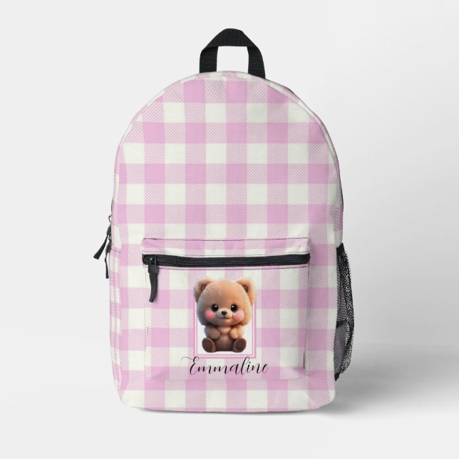 Elegant pink white plaid teddy bear personalize  printed backpack (Front)