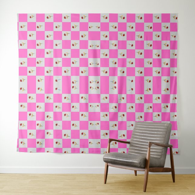 Elegant  Pink &White Plaid With Flower Pattern Tapestry (In Situ (Horizontal))