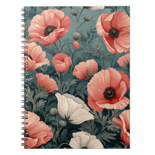 Elegant Pink White Red Poppies Dark Leaves Floral Notebook