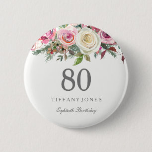 Elegant Pink White Rose 80th Birthday Party Pinback Button