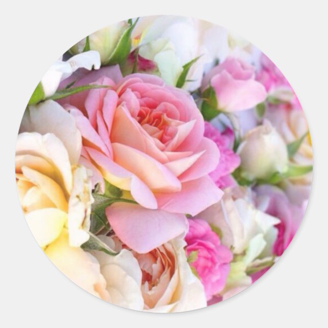 Elegant Pink & White Rose Wedding  Classic Round Sticker (Front)