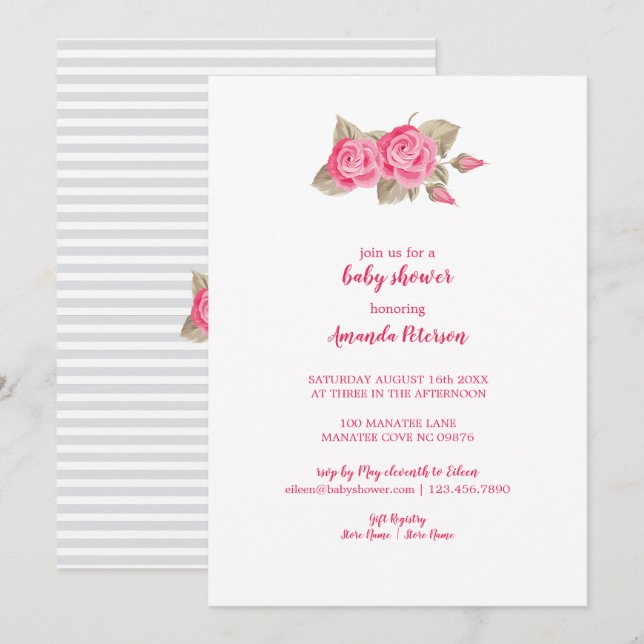 Elegant Pink & White Roses Baby Shower Invitation (Front/Back)