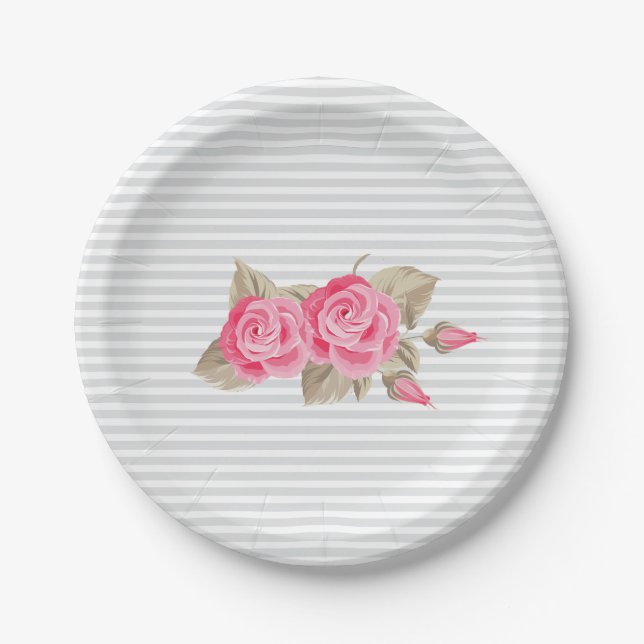 Elegant Pink & White Roses Baby Shower Paper Plates (Front)