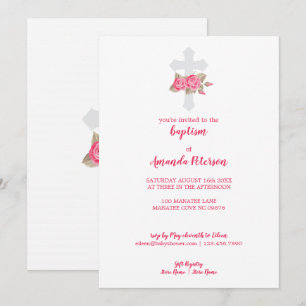 Elegant Pink & White Roses Baptism Invitation