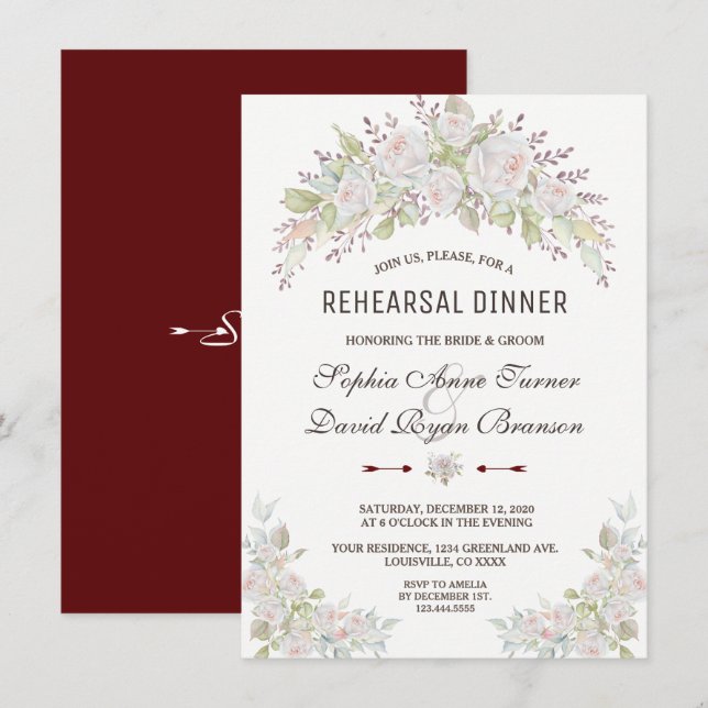 Elegant Pink White Roses Burgundy Rehearsal Dinner Invitation (Front/Back)