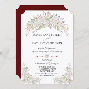 Elegant Pink White Roses Burgundy Wedding Invitation