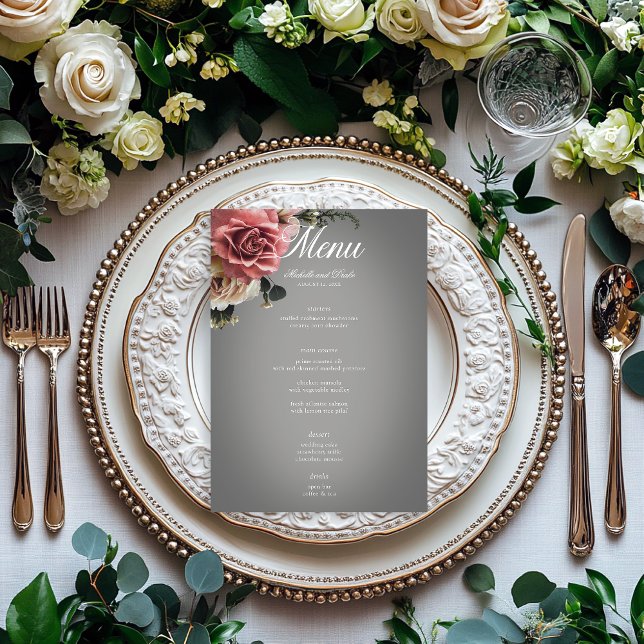 Elegant Pink White Roses Floral Gray Wedding Menu (Creator Uploaded)
