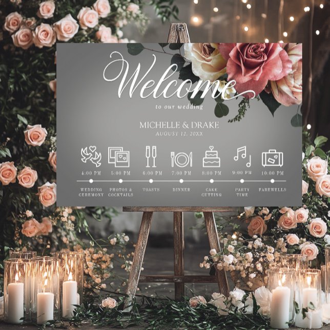 Elegant Pink White Roses Gray Wedding Timeline Foam Board (Creator Uploaded)