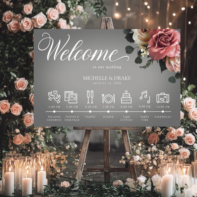 Elegant Pink White Roses Gray Wedding Timeline Foam Board (Creator Uploaded)