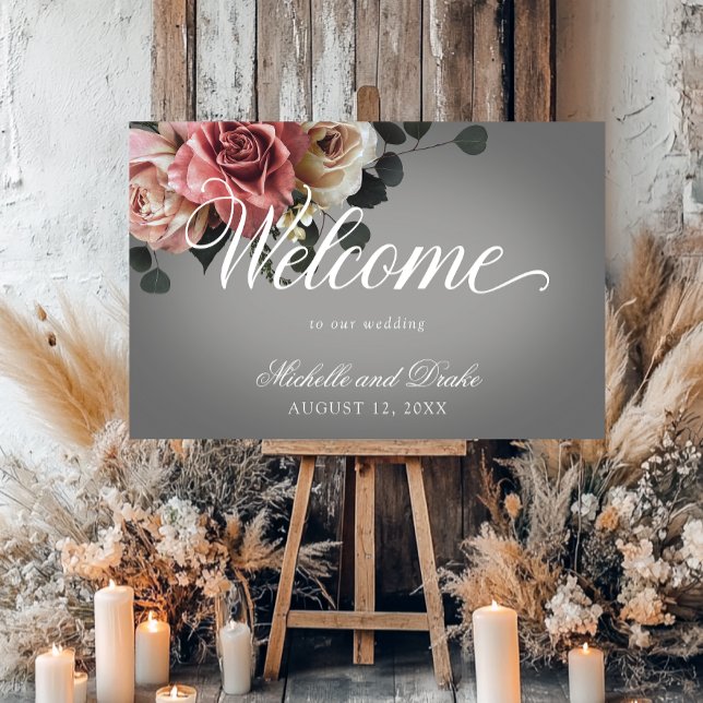 Elegant Pink White Roses Gray Wedding Welcome Foam Board (Creator Uploaded)