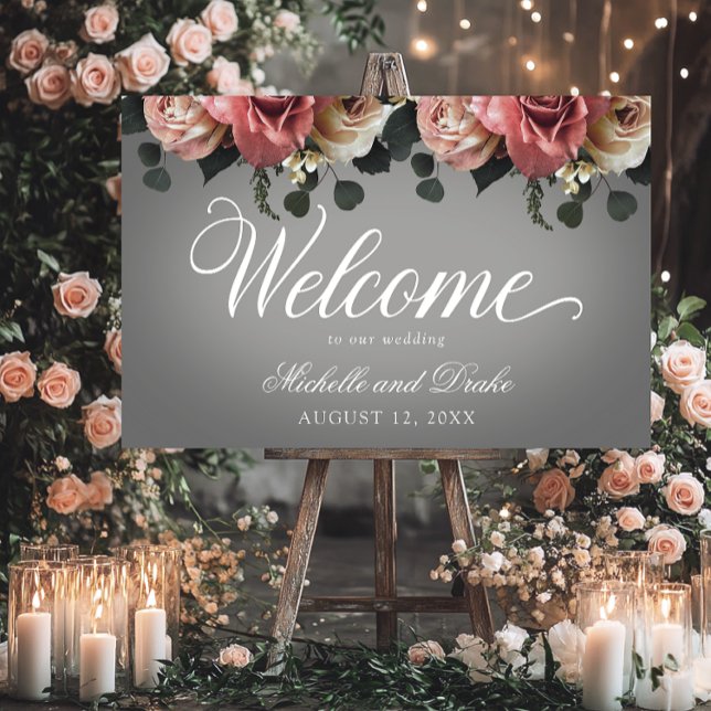 Elegant Pink White Roses Gray Wedding Welcome Foam Board (Creator Uploaded)