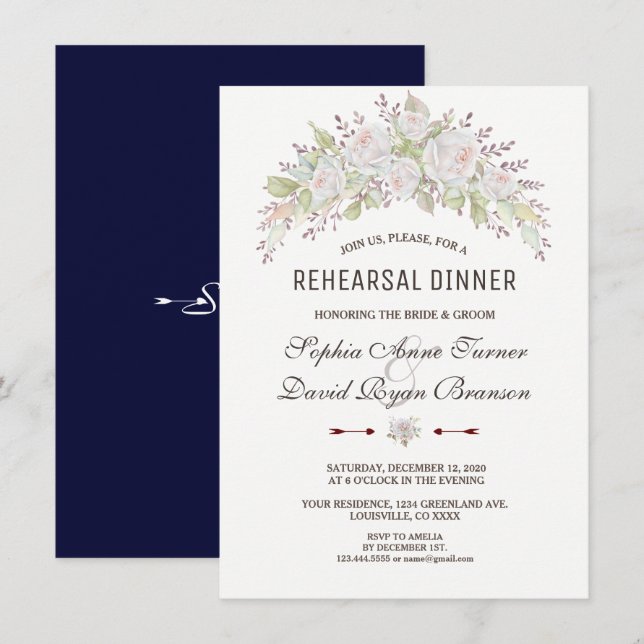 Elegant Pink White Roses Navy Rehearsal Dinner Invitation (Front/Back)