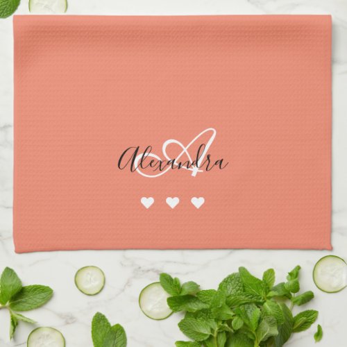 Elegant Pink White Script Name Monogram  Kitchen Towel