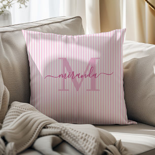 Elegant Pink & White Stripes Monogram Name Throw Pillow