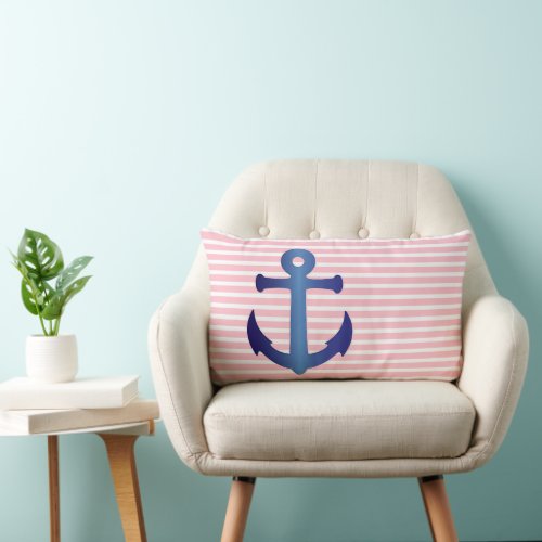 Elegant Pink White Stripes Pattern Blue Anchor Lumbar Pillow