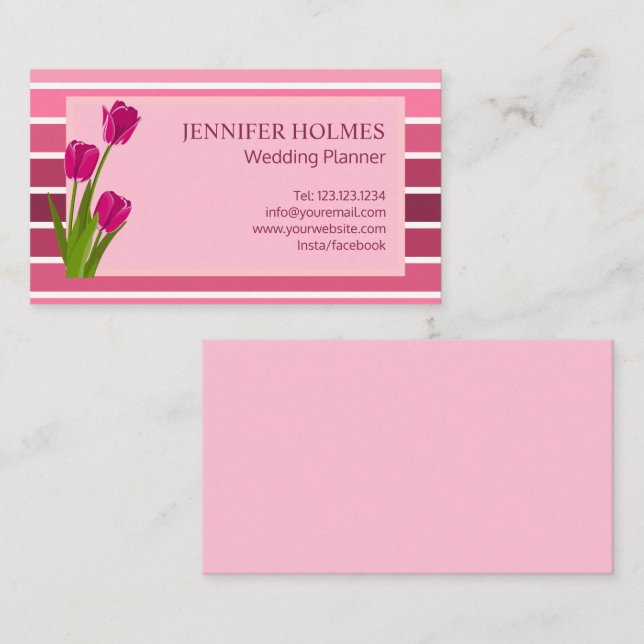 Elegant Pink White Stripes Tulip Business Card (Front/Back)
