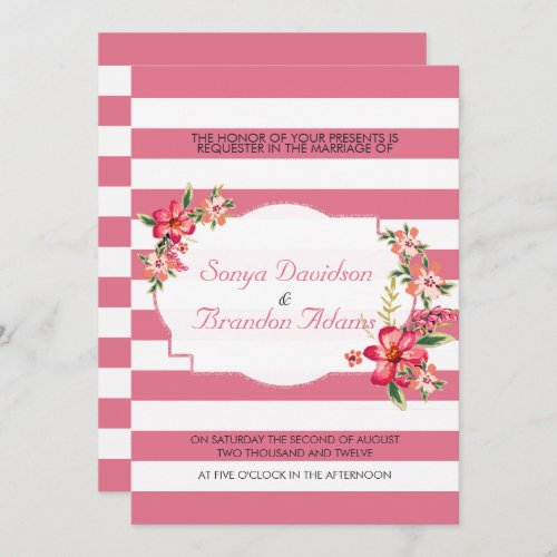 Elegant Pink  White Stripes With Bouquet Wedding Invitation