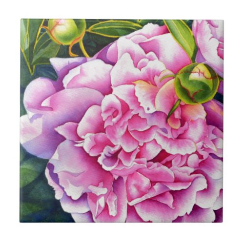Elegant pink white watercolor classic floral ceramic tile