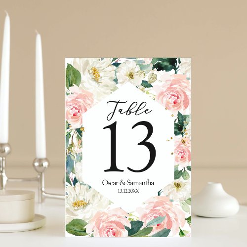 Elegant Pink  White Watercolor Floral Frame  Table Number