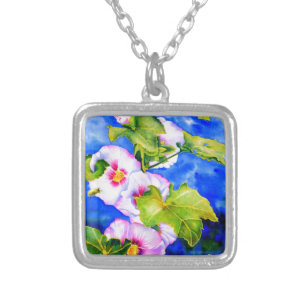 Elegant pink white watercolor floral garden silver plated necklace