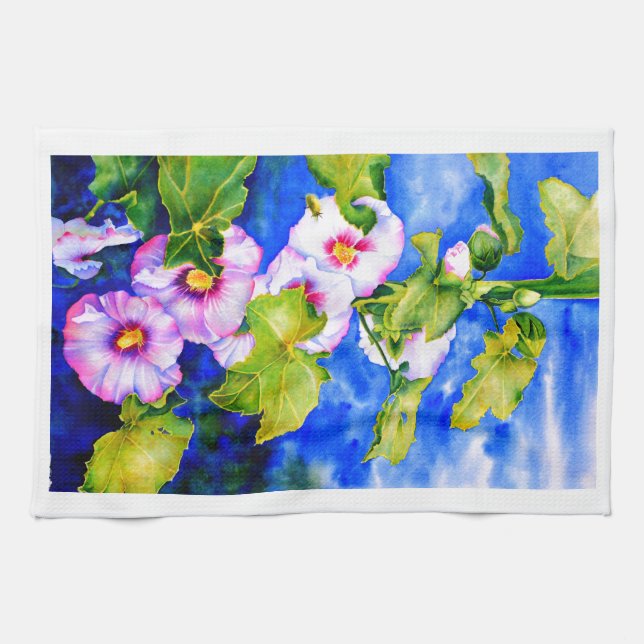 Elegant pink white watercolor floral garden towel (Horizontal)