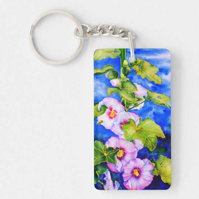 Elegant pink white watercolor florals hollyhocks keychain (Front)