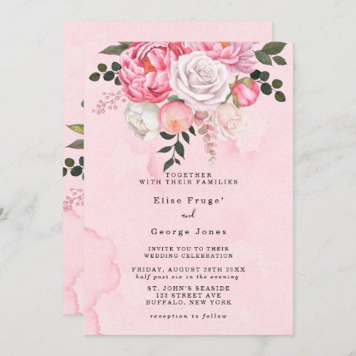 Elegant Pink White Watercolor Florals Wedding Invitation