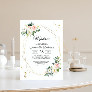 Elegant Pink & White Watercolor Flowers Gold Drops Invitation