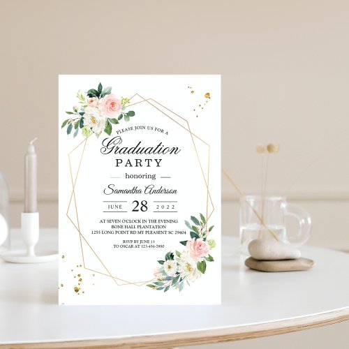 Elegant Pink  White Watercolor Flowers Gold Drops Invitation