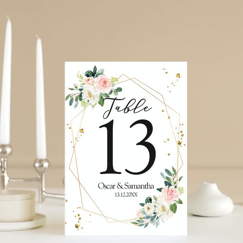 Elegant Pink  White Watercolor Flowers Gold Drops Table Number