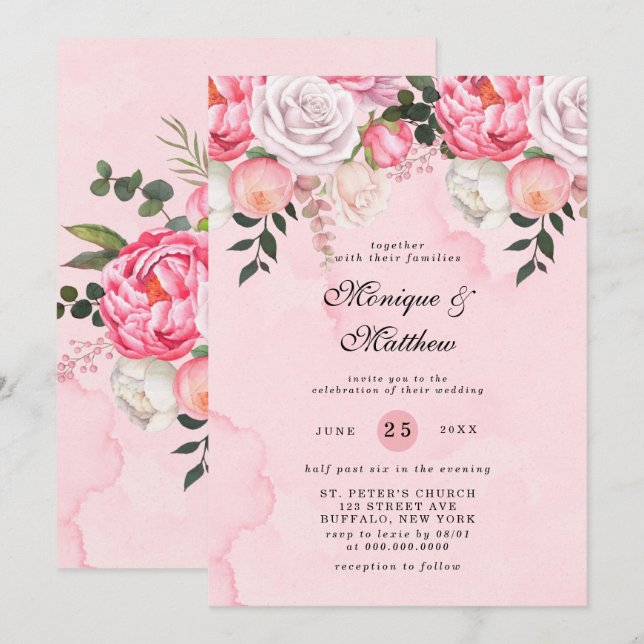 Elegant Pink White Watercolor Peonies Wedding Invitation (Front/Back)