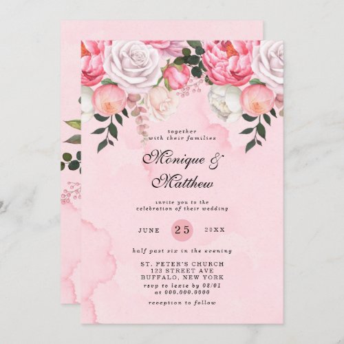 Elegant Pink White Watercolor Peonies Wedding Invitation